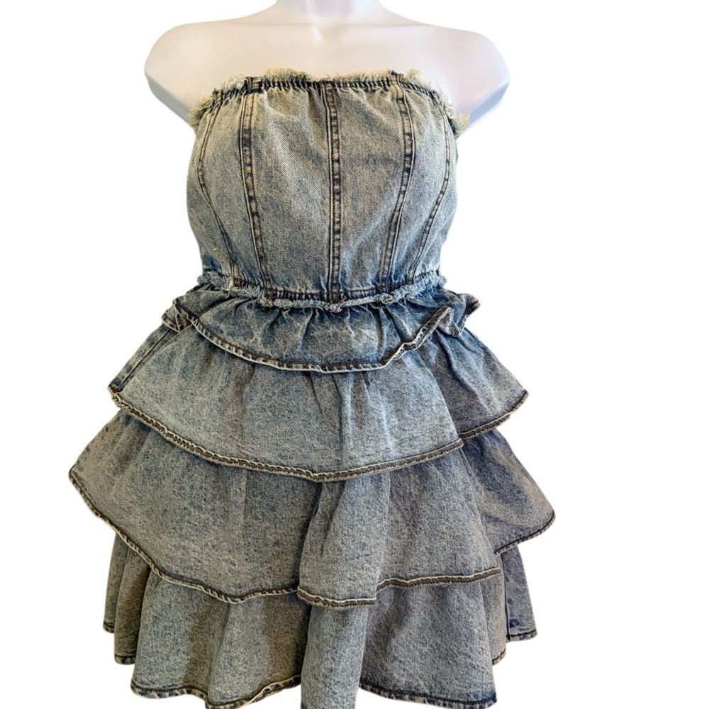 Forever 21 Light Blue Acid-Wash Strapless Ruffle Mini Dress